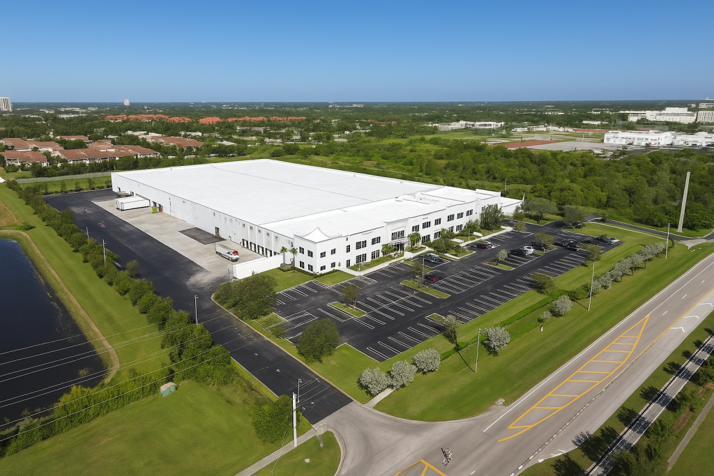 Aerial view of a large white warehouse with a parking lot, loading docks, and surrounding green space next to a road.
