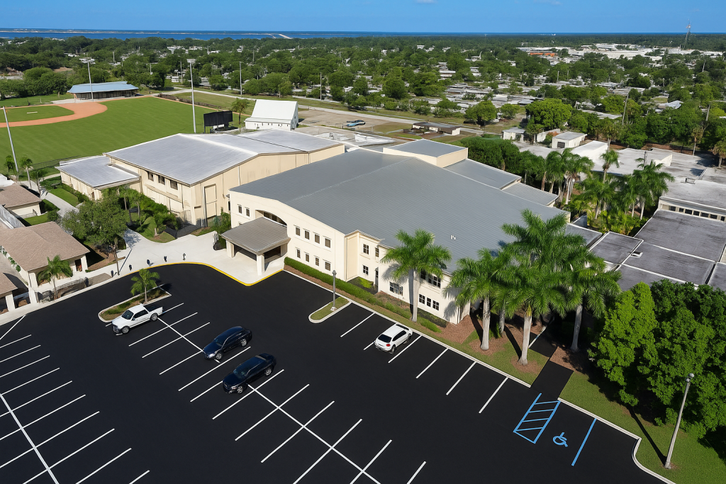 Aerial view of a large building with a grey roof, adjacent to a baseball field and parking lot with several cars, surrounded by trees and a suburban area.